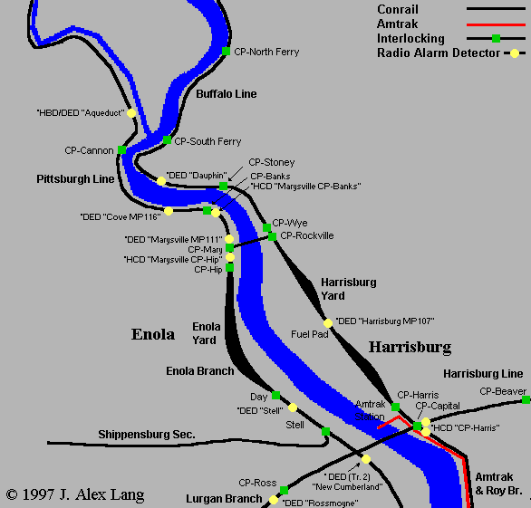 Click on a rail line for a timetable, or click on a detector to listen to it.